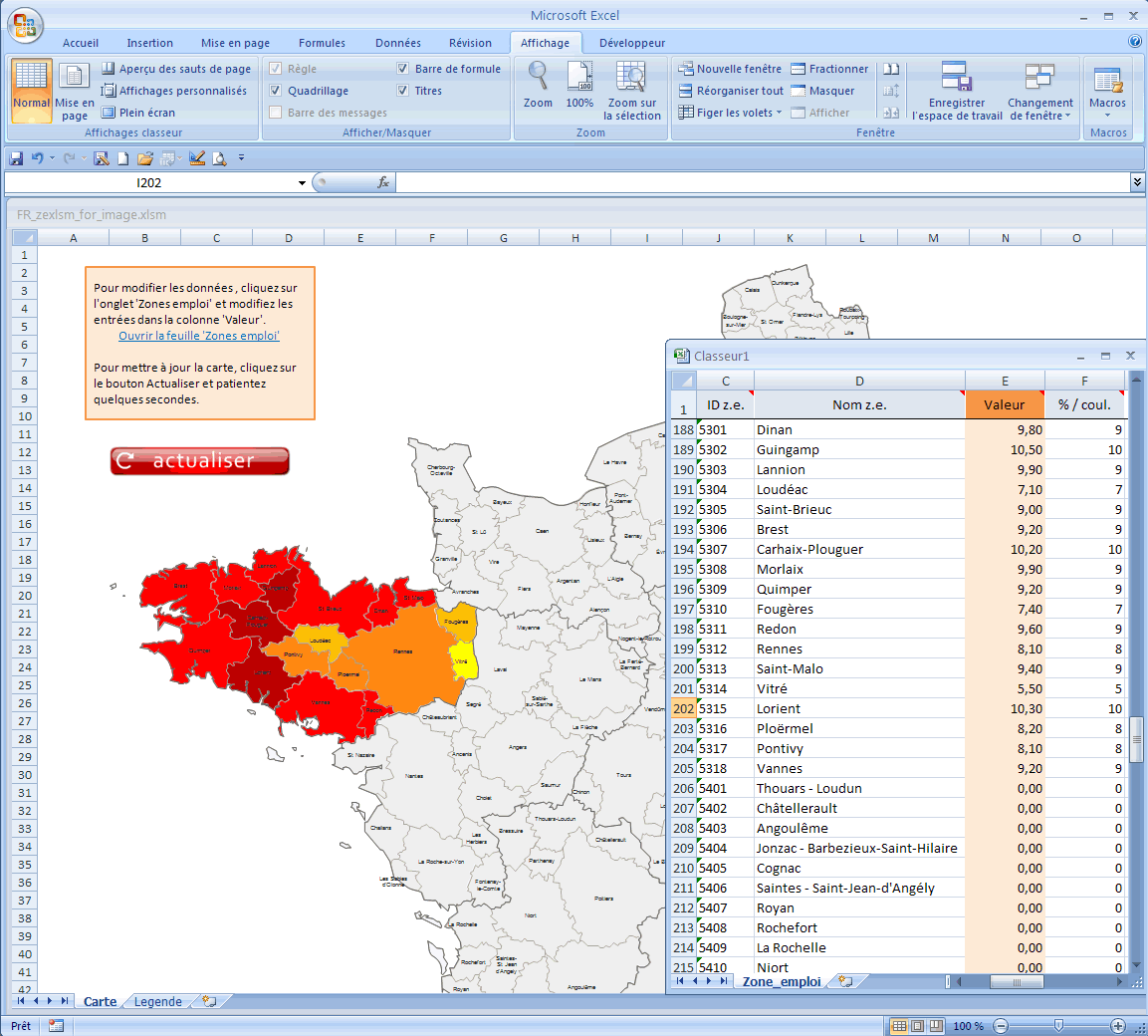 Excel data employment areas map