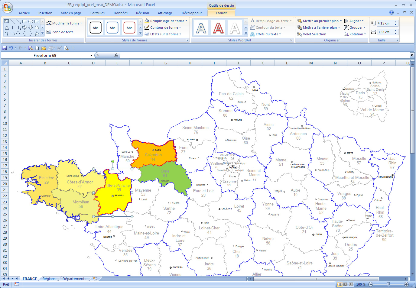 Word And Excel France Departements Editable Map
