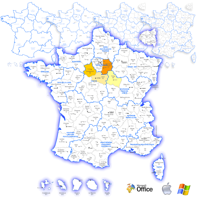 France subdivisions map for Excel, Word and Powerpoint