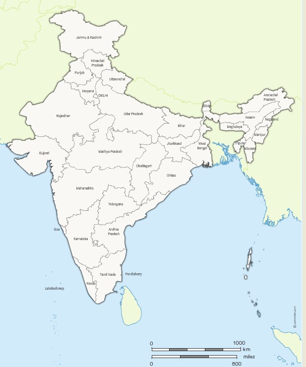 Vector map of Indian states with names and boundaries.