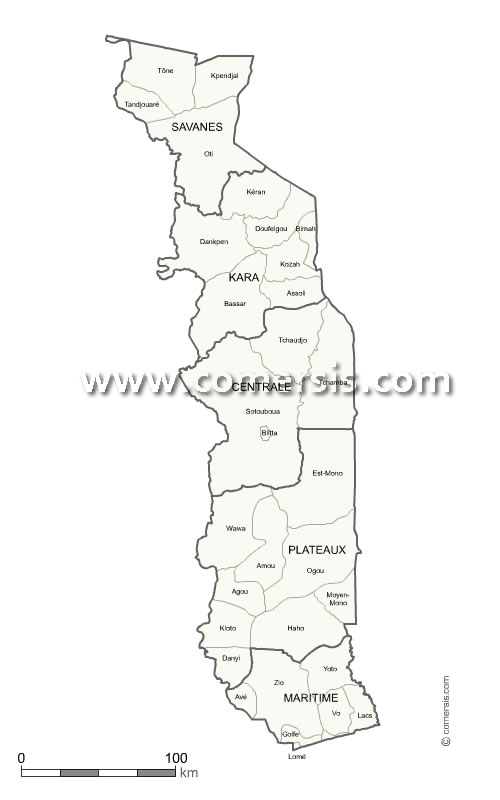 Carte régions et préfectures du Togo avec noms