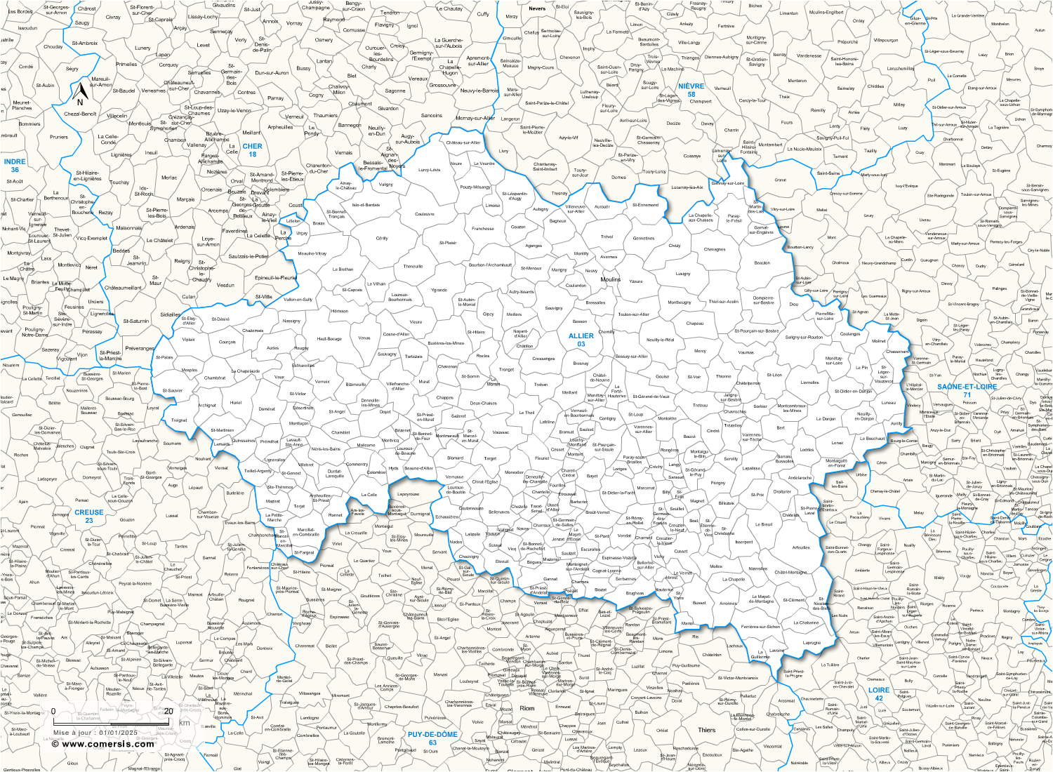 Carte des communes de l'Allier et communes alentours