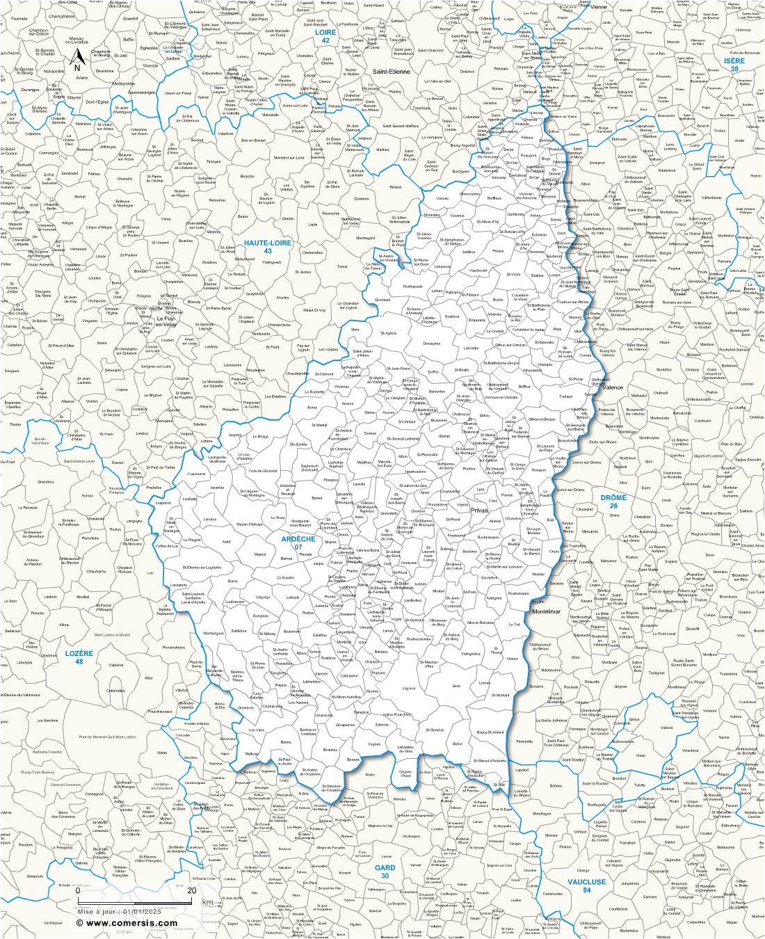 Carte des communes de l'Ardèche et communes alentours