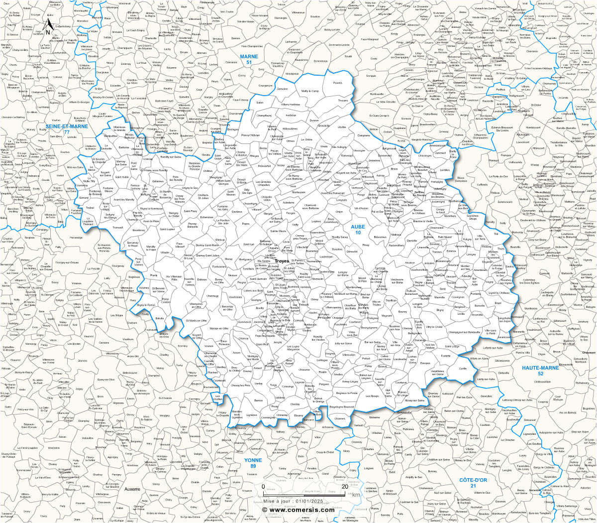 Carte des communes de l'Aube et communes alentours