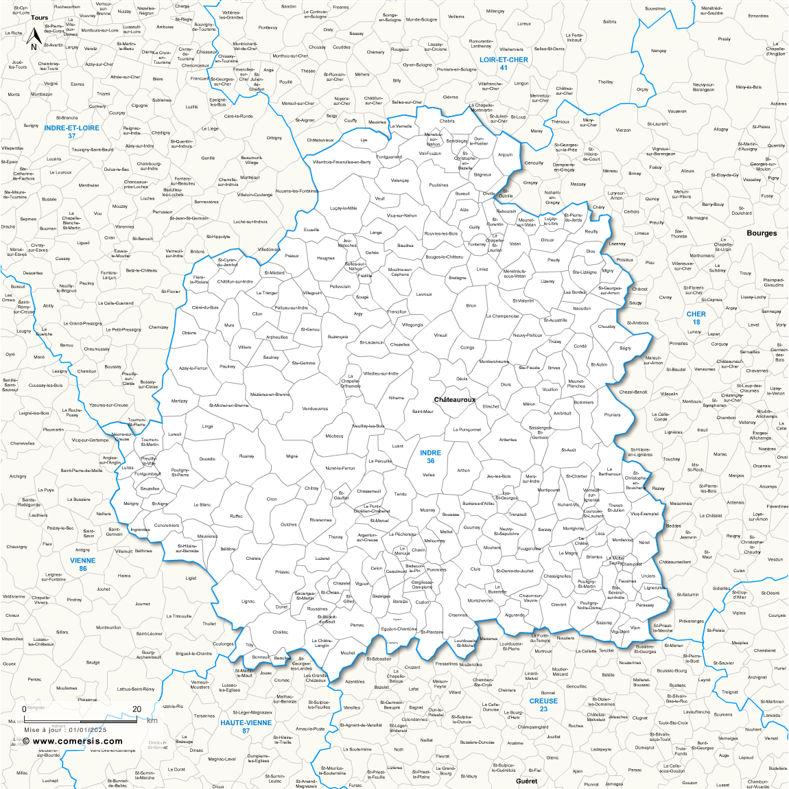 Carte des communes de l'Indre et communes alentours