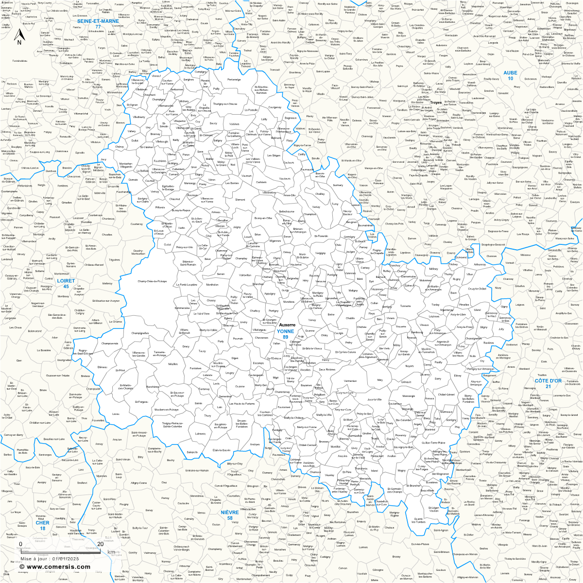 Carte des communes de l'Yonne et communes alentours