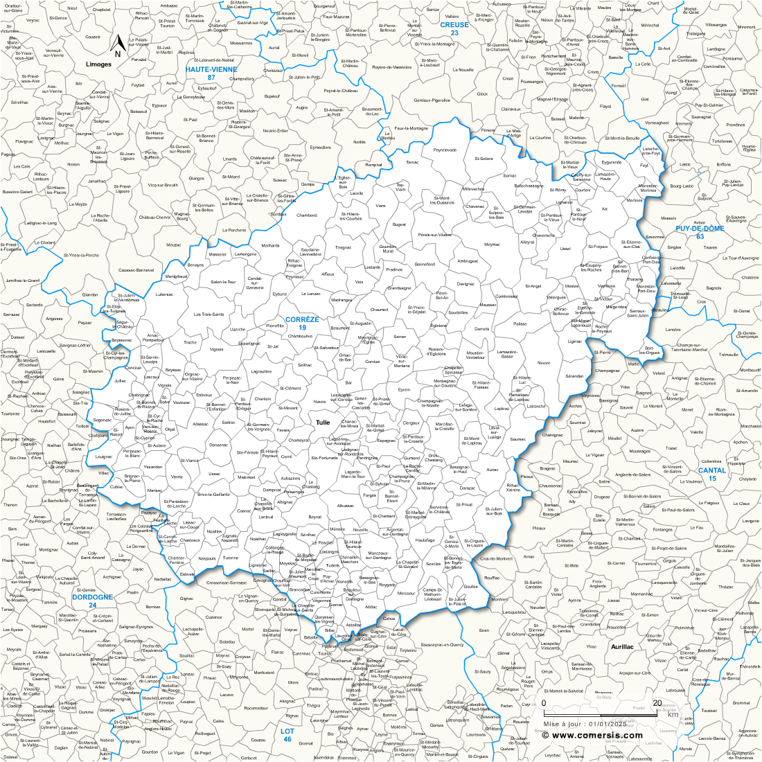 Carte des communes de la Corrèze et communes alentours