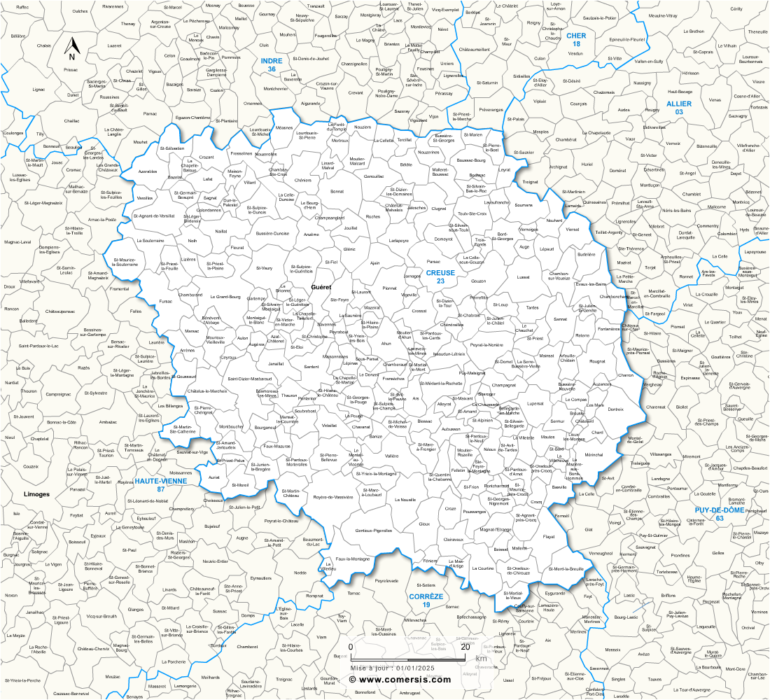 Carte des communes de la Creuse et communes alentours