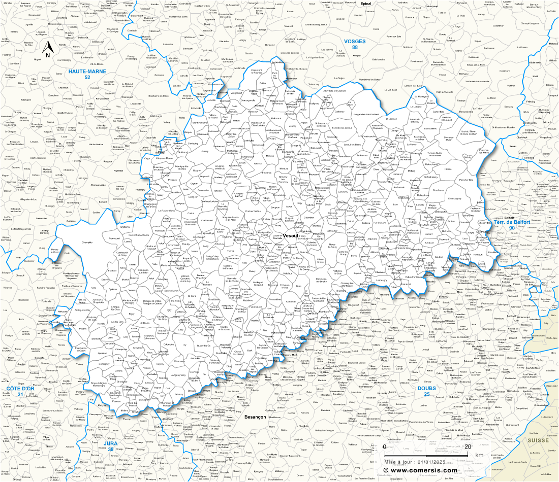 Carte des communes de la Haute-Saône et communes alentours