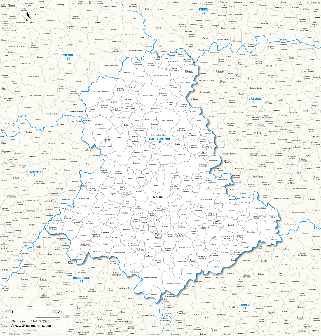 Carte des communes de la Haute-Vienne et communes alentours