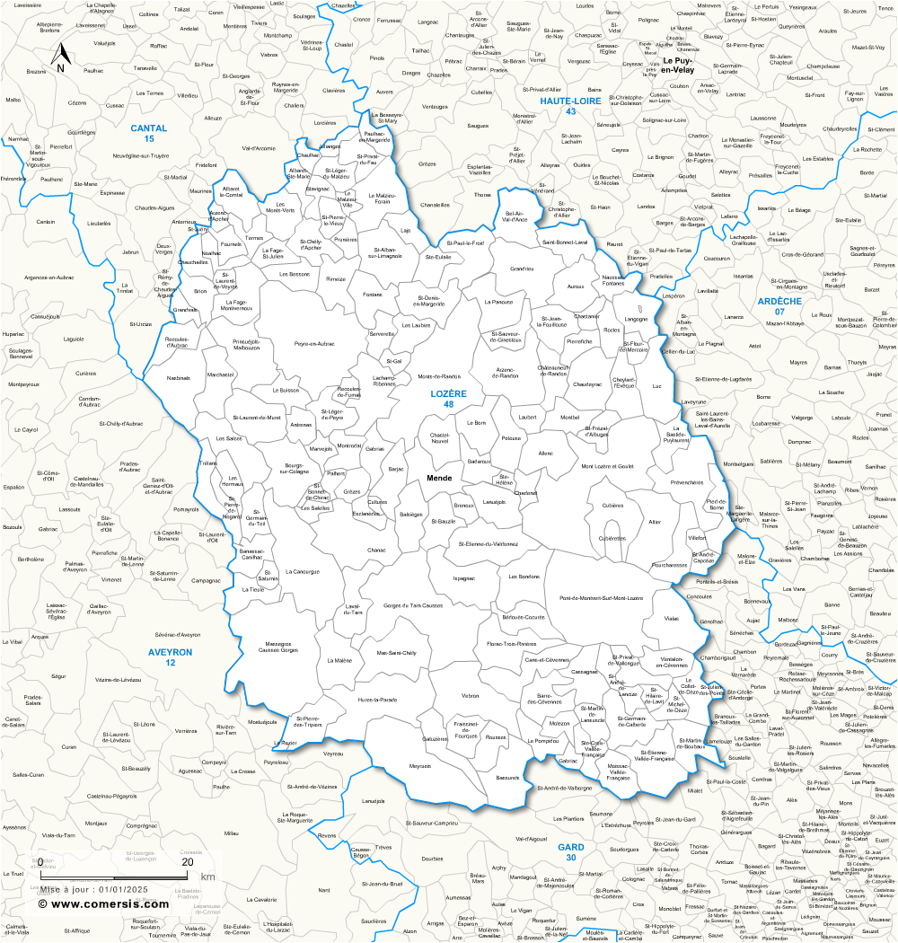 Carte des communes de la Lozère et communes alentours