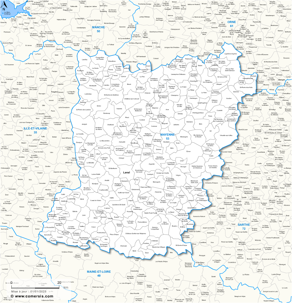 Carte des communes de la Mayenne et communes alentours