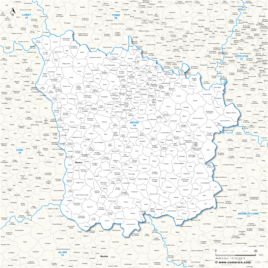 Carte des communes de la Nièvre et communes alentours