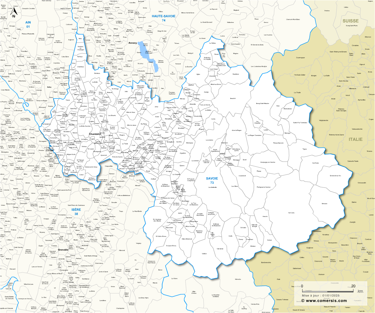 Carte des communes de la Savoie et communes alentours