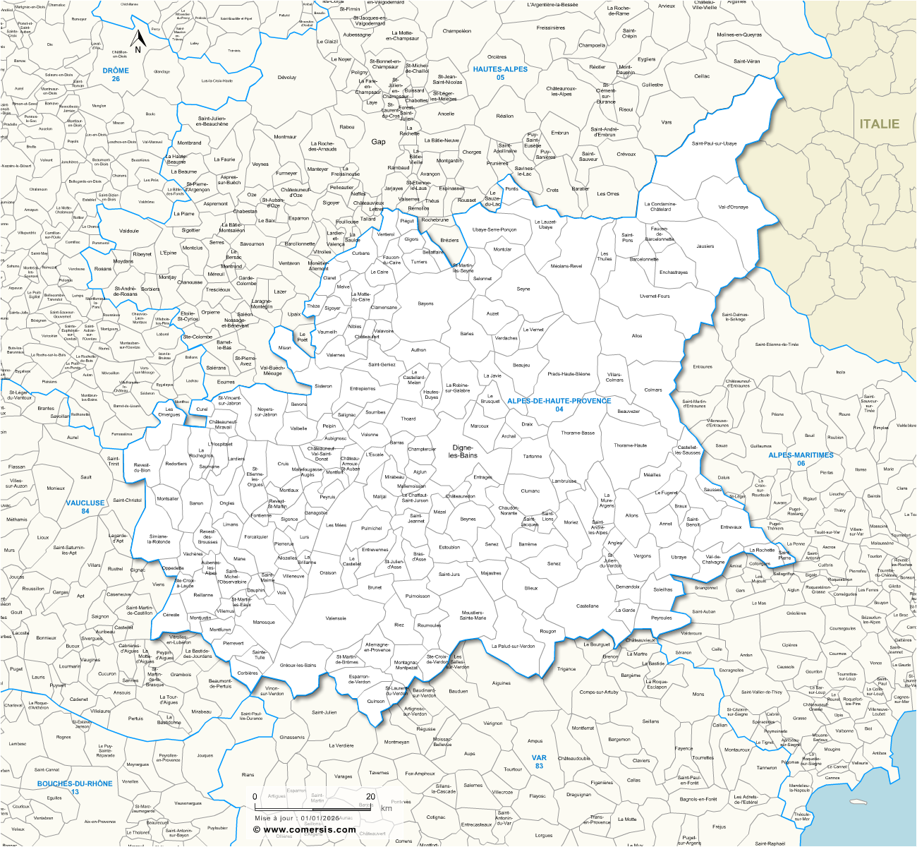 Carte des communes des Alpes-de-Haute-Provence et communes alentours
