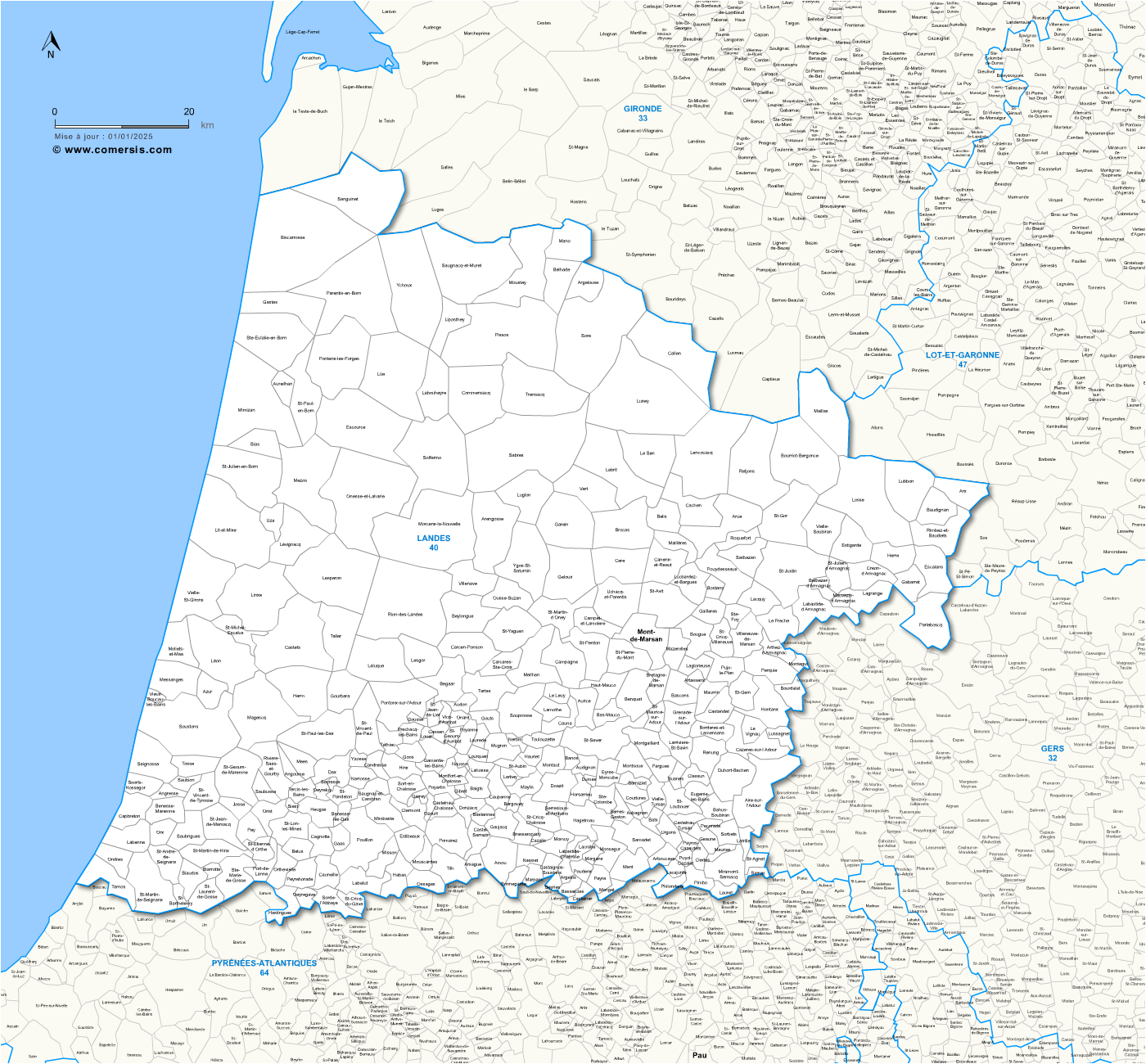 Carte des communes des Landes et communes alentours