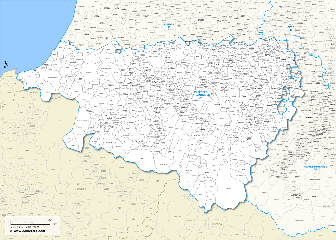 Carte des communes des Pyrénées-Atlantiques et communes alentours