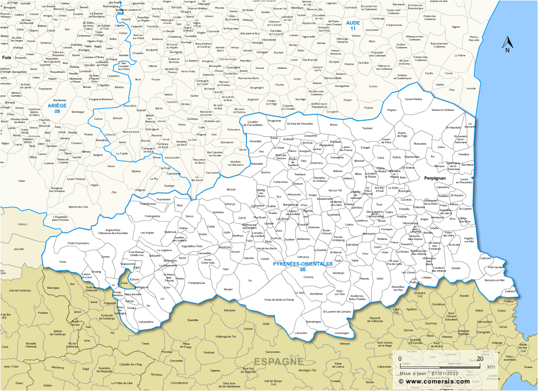Carte des communes des Pyrénées-Orientales et communes alentours