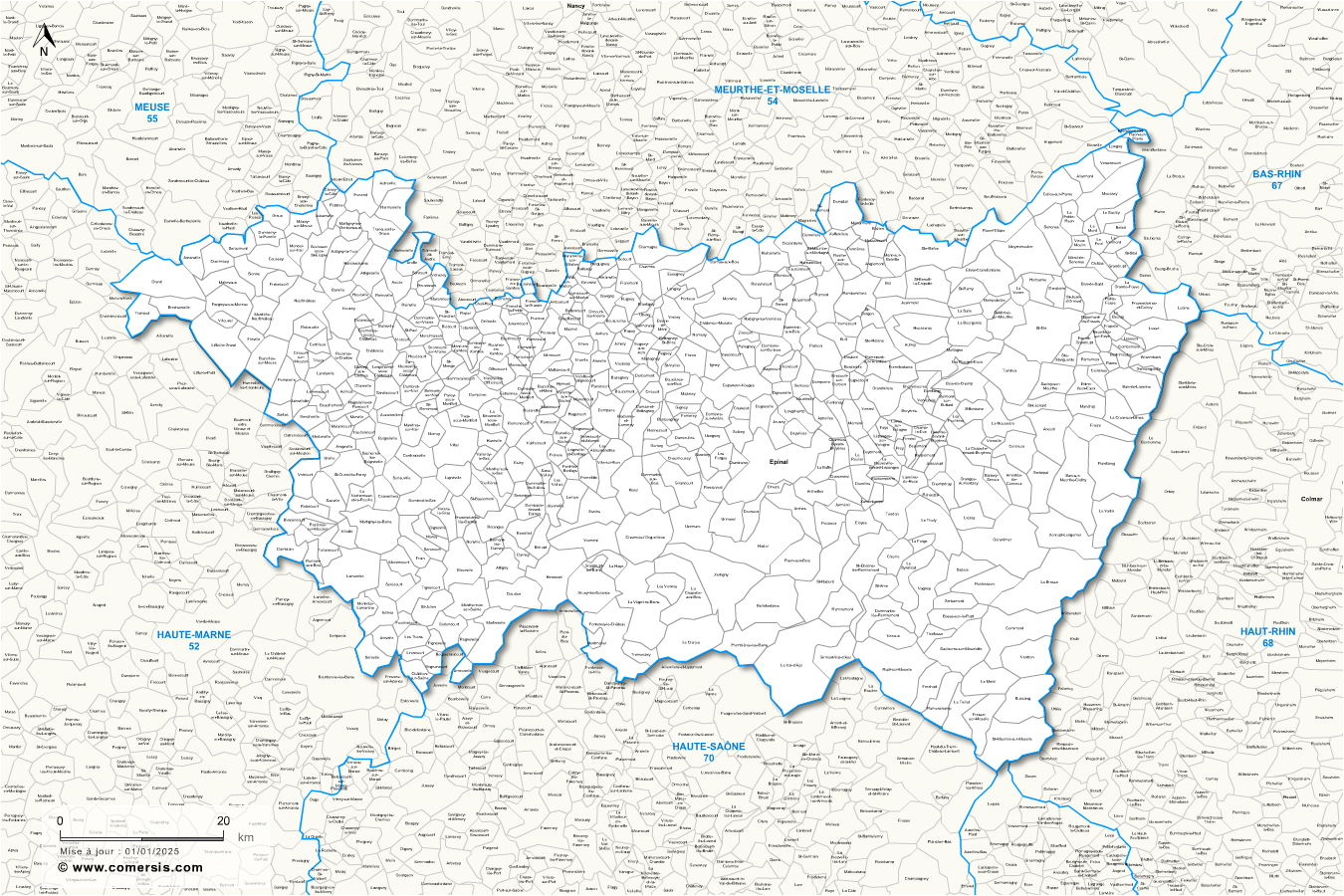 Carte des communes des Vosges et communes alentours