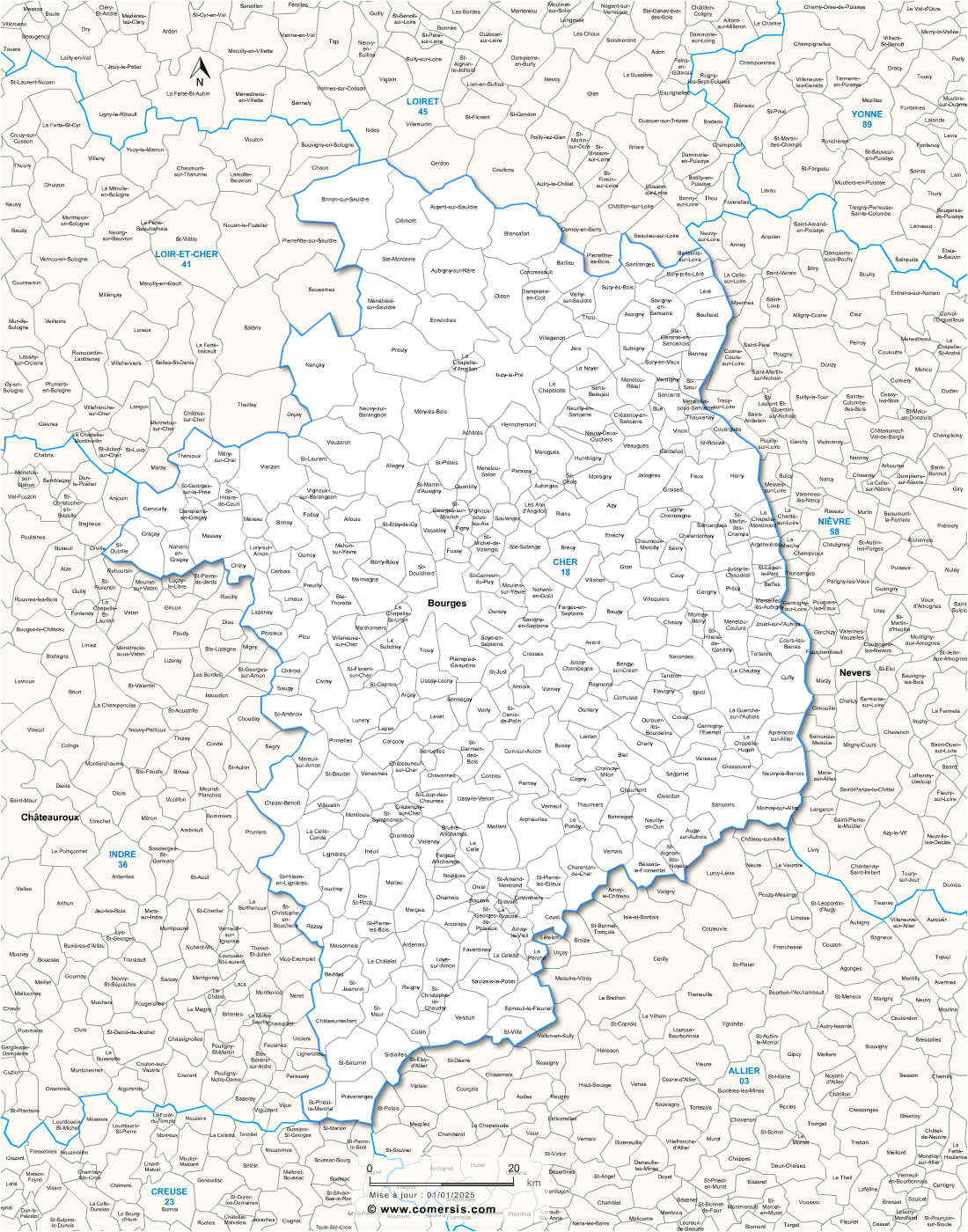 Carte des communes du Cher et communes alentours