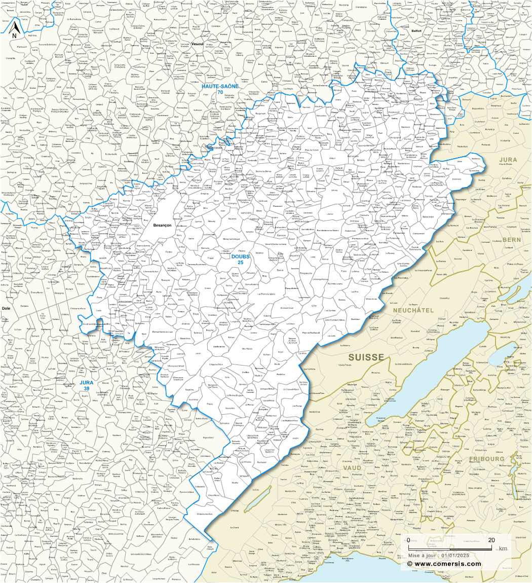 Carte des communes du Doubs et communes alentours