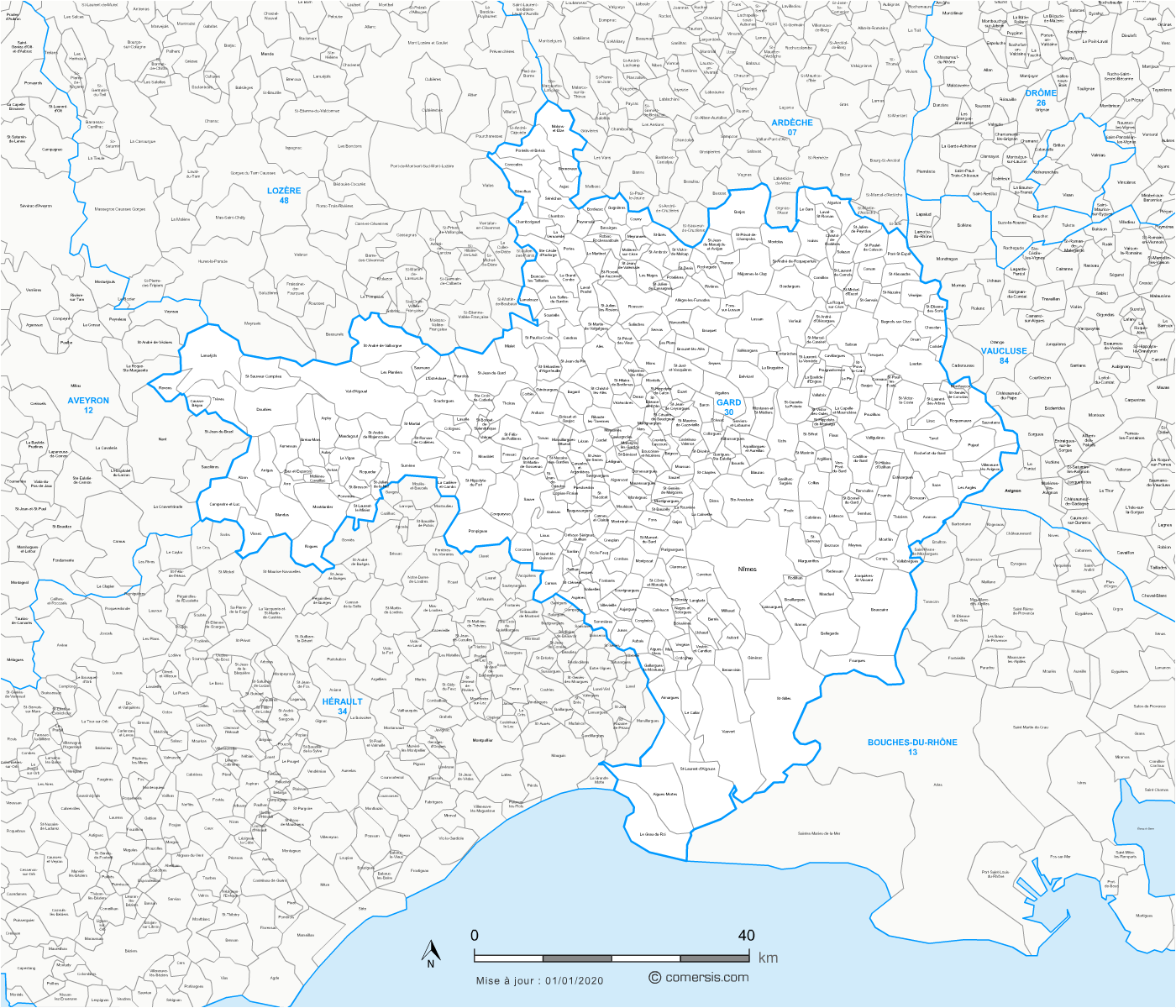 Carte des communes du Gard et communes alentours