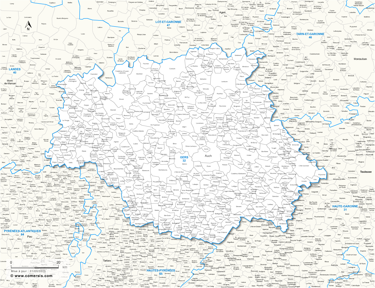 Carte des communes du Gers et communes alentours
