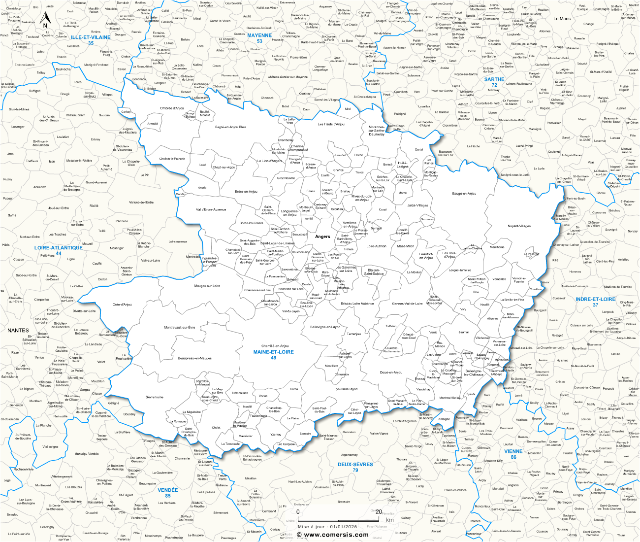 Carte des communes du Maine-et-Loire et communes alentours