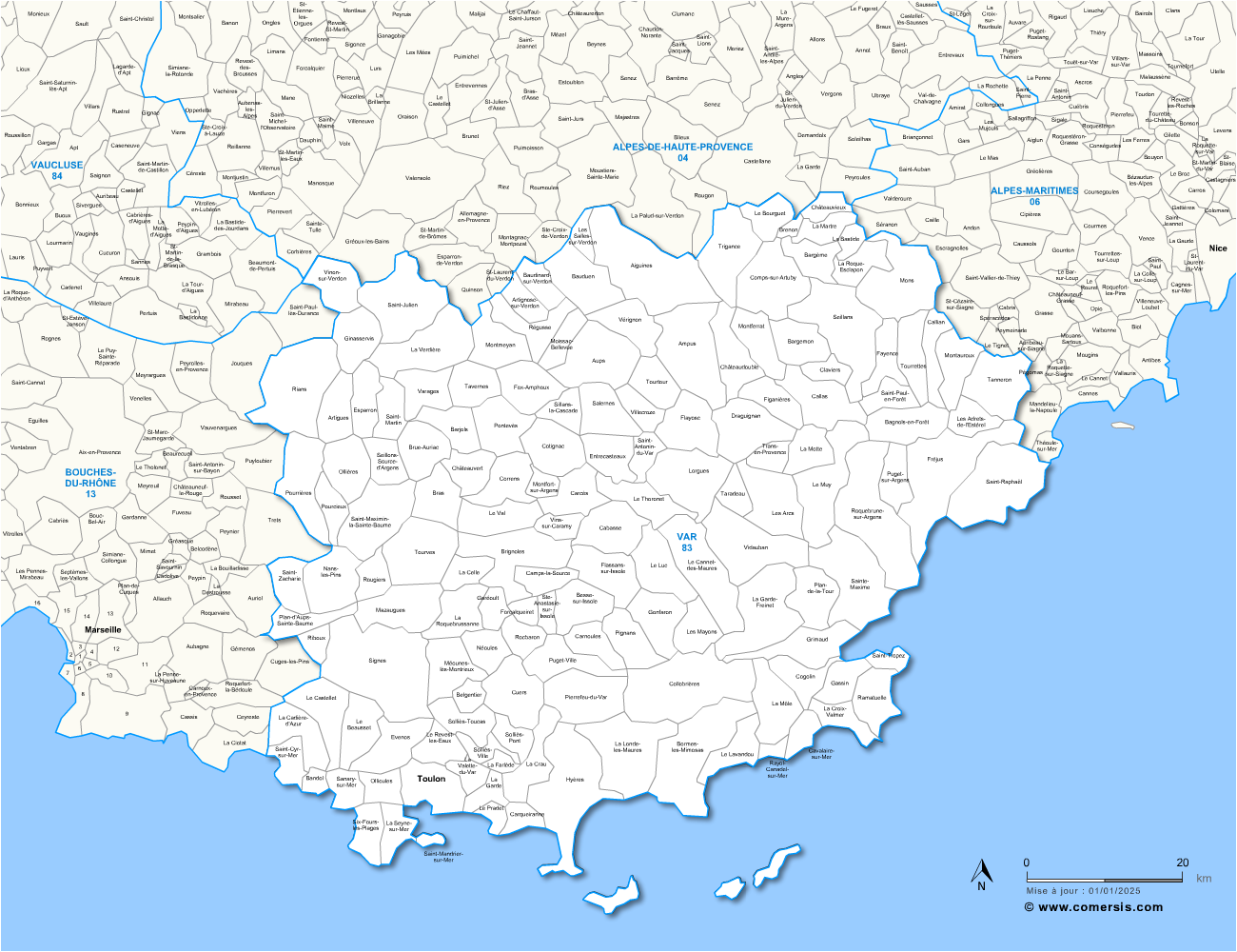 Carte des communes du Var et communes alentours