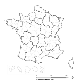 Free customizable map of the former regions and departments of metropolitan France.