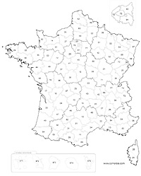 Free map of the new regions and departments of France with department numbers.