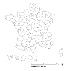 Customizable background map of the departments of metropolitan France.