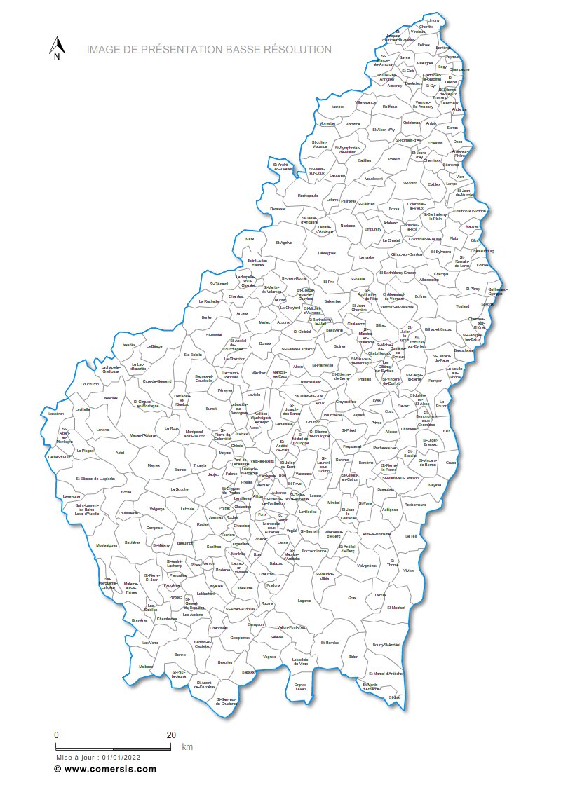 carte des villes et villages de l' Ardèche
