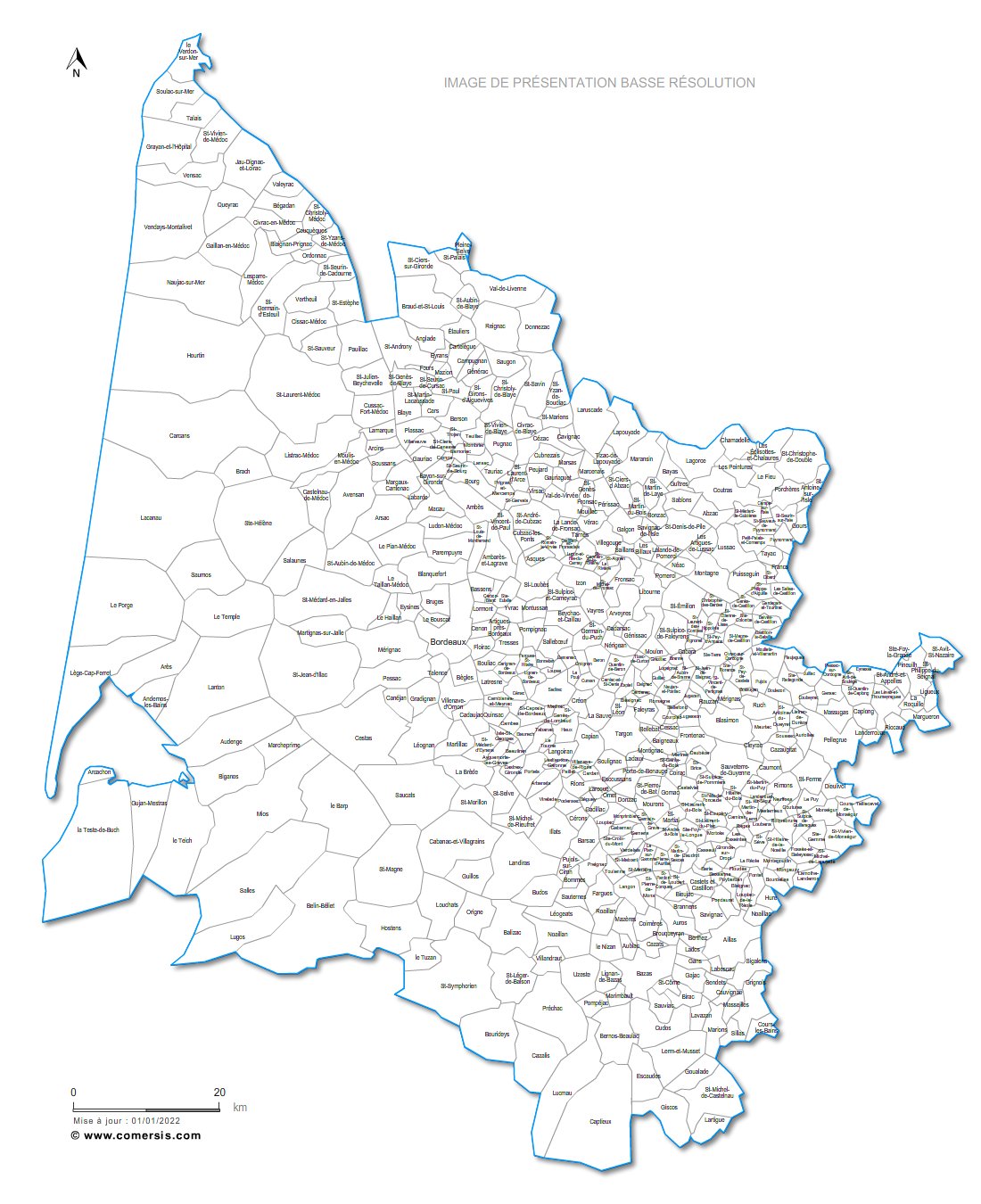 carte des villes et villages de la  Gironde
