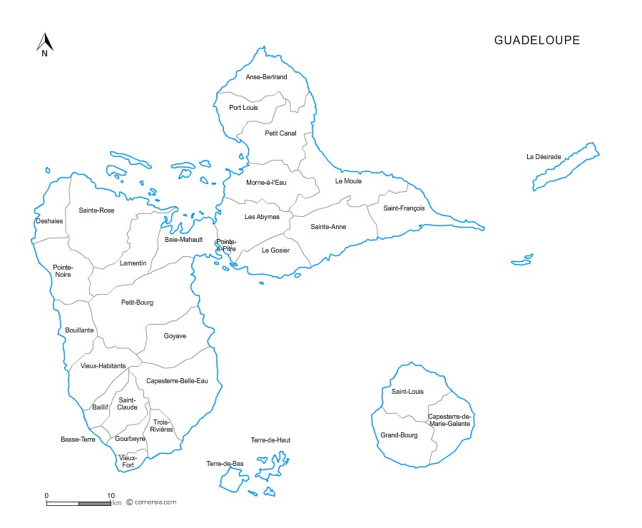 carte des villes et villages de la  Guadeloupe