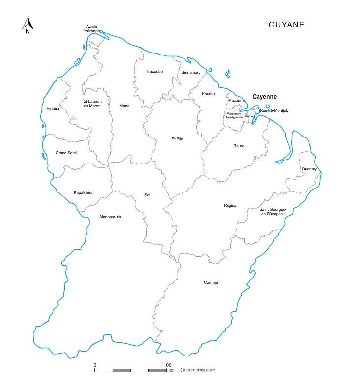carte des villes et villages de la  Guyane