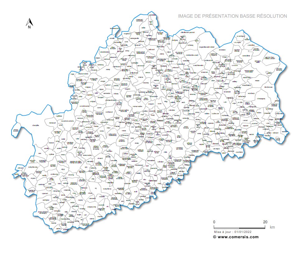 carte des villes et villages de la  Haute-Saône