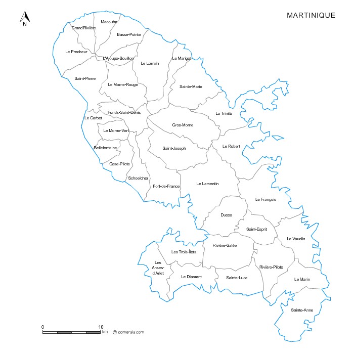 carte des villes et villages de la  Martinique